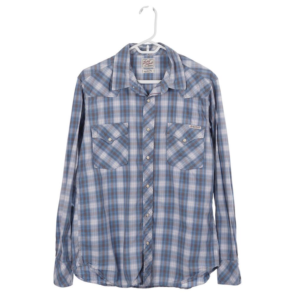 Lucky Brand Shirt Men M Blue Plaid Pearl Snap Western Cotton Long Sleeve Casual